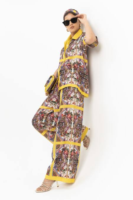 SOBARIKO Yellow Linen Collared Rococo Co-ord Set Online at Aza Fashions SOBARIKO_Yellow Linen Collared Rococo Co-ord Set _Online_at_Aza_Fashions