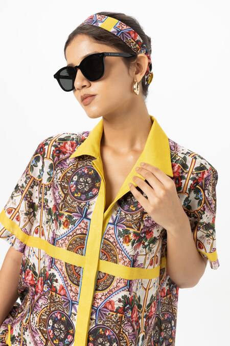 SOBARIKO Yellow Linen Collared Rococo Co-ord Set at Aza Fashions SOBARIKO_Yellow Linen Collared Rococo Co-ord Set _at_Aza_Fashions