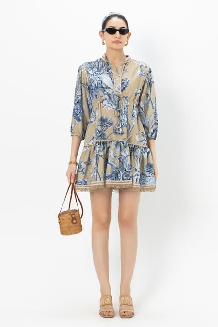 Sobariko Blue Linen Mandarin Collar Tany Cinched Dress 