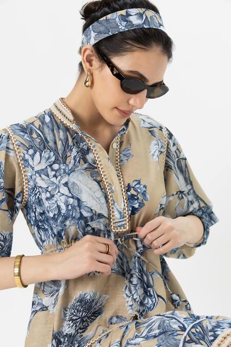 Shop_SOBARIKO_Blue Linen Mandarin Collar Tany Cinched Dress _Online_at_Aza_Fashions