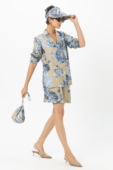SOBARIKO_Beige Linen Floral Print Blazer And Shorts Set _Online_at_Aza_Fashions