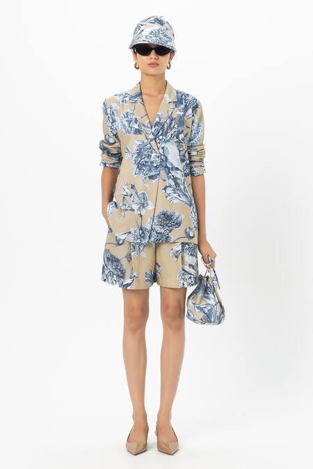 Buy_SOBARIKO_Beige Linen Floral Print Blazer And Shorts Set _Online_at_Aza_Fashions