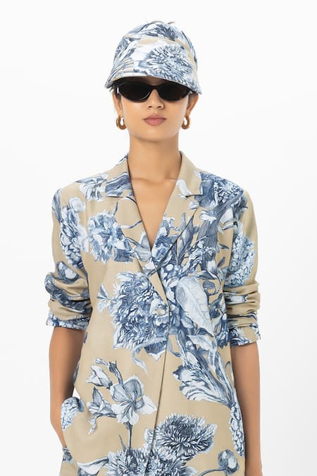 Shop_SOBARIKO_Beige Linen Floral Print Blazer And Shorts Set _Online_at_Aza_Fashions