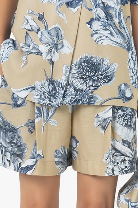 SOBARIKO_Beige Linen Floral Print Blazer And Shorts Set _at_Aza_Fashions