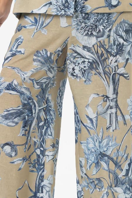 Buy_SOBARIKO_Blue Linen Floral Print Blazer And Pant Set _Online_at_Aza_Fashions