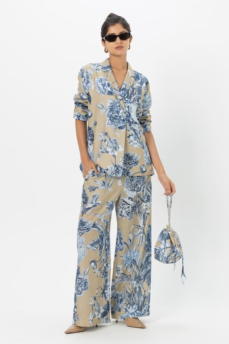 SOBARIKO_Blue Linen Floral Print Blazer And Pant Set _at_Aza_Fashions