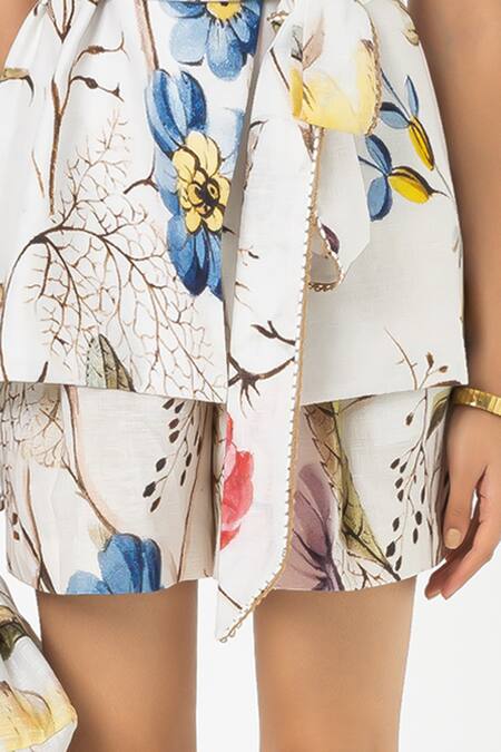 SOBARIKO_White Linen V-neck Floral Print Jacket Shorts Set _at_Aza_Fashions