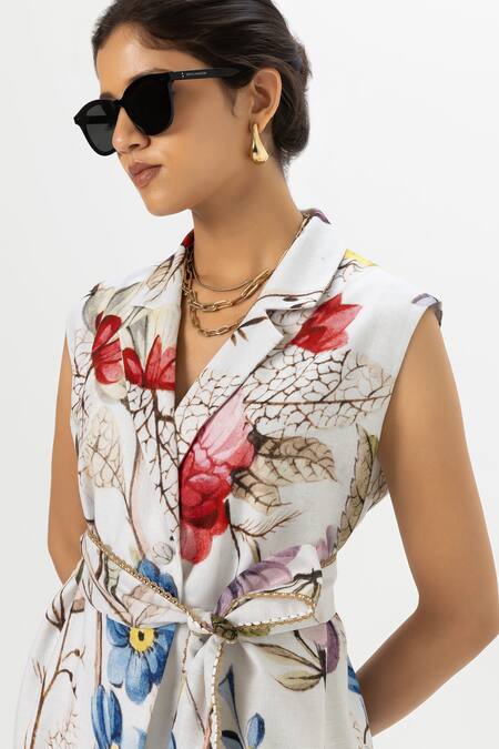 Buy_SOBARIKO_White Linen Collared Floral Print Jacket Pant Set _Online_at_Aza_Fashions