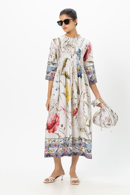 SOBARIKO_White Linen Round Neck Alicia Pleated Midi Dress _Online_at_Aza_Fashions