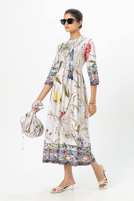 Buy_SOBARIKO_White Linen Round Neck Alicia Pleated Midi Dress _Online_at_Aza_Fashions