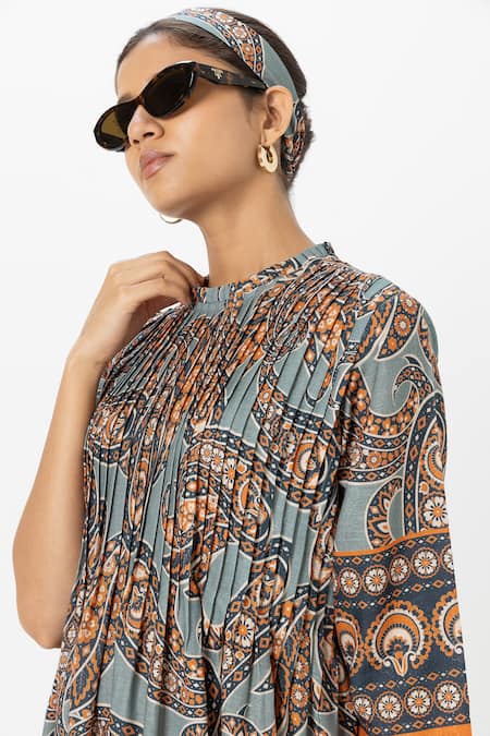 Shop_SOBARIKO_Multi Color Linen Round Neck Koishi Pleated Midi Dress _Online_at_Aza_Fashions