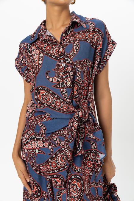 Shop_SOBARIKO_Blue Linen Collared Deniz Twist Co-ord Set _Online_at_Aza_Fashions