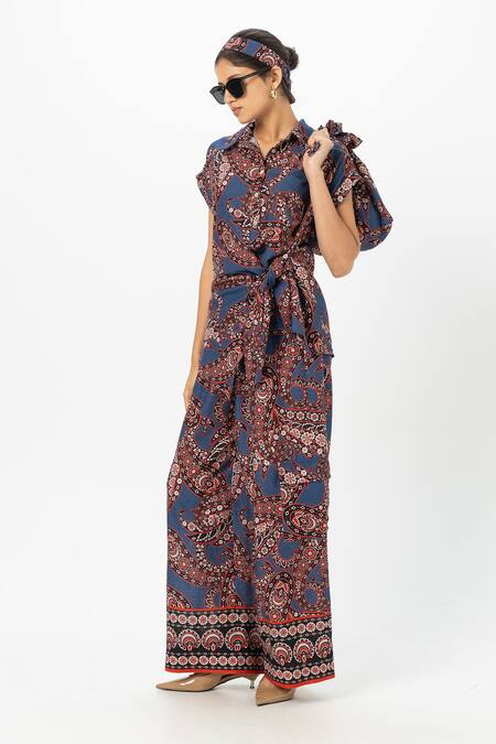 SOBARIKO_Blue Linen Collared Deniz Twist Co-ord Set _at_Aza_Fashions