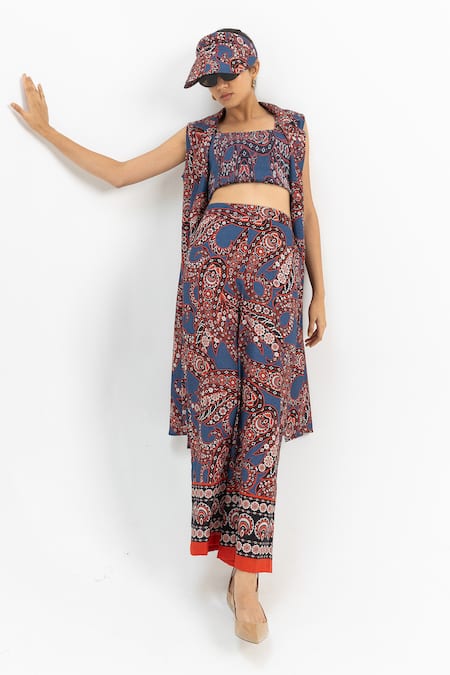 Sobariko Blue Linen Open , Crew Deniz Layered Co-ord Set 