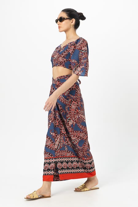 SOBARIKO_Blue Linen Off-shoulder Deniz Tulip Skirt Set _Online_at_Aza_Fashions