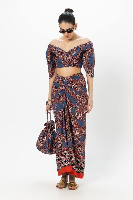 Buy_SOBARIKO_Blue Linen Off-shoulder Deniz Tulip Skirt Set _Online_at_Aza_Fashions