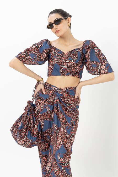 SOBARIKO_Blue Linen Off-shoulder Deniz Tulip Skirt Set _at_Aza_Fashions