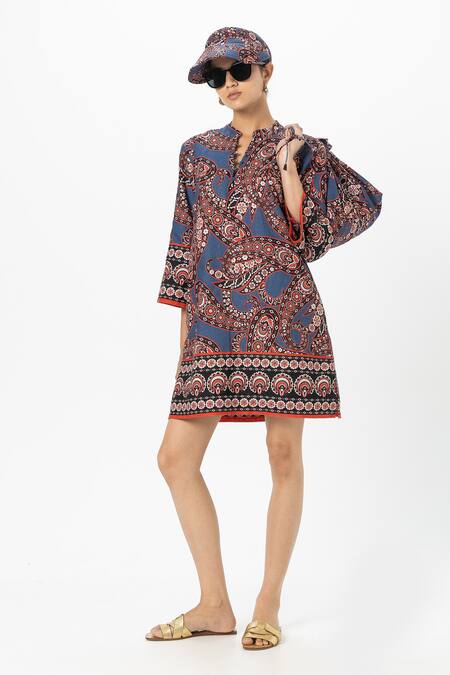 SOBARIKO_Blue Linen Keyhole Neck Deniz Shift Dress _Online_at_Aza_Fashions