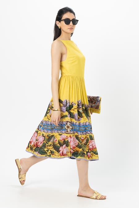SOBARIKO_Yellow Linen Round Neck Serena Midi Dress _Online_at_Aza_Fashions