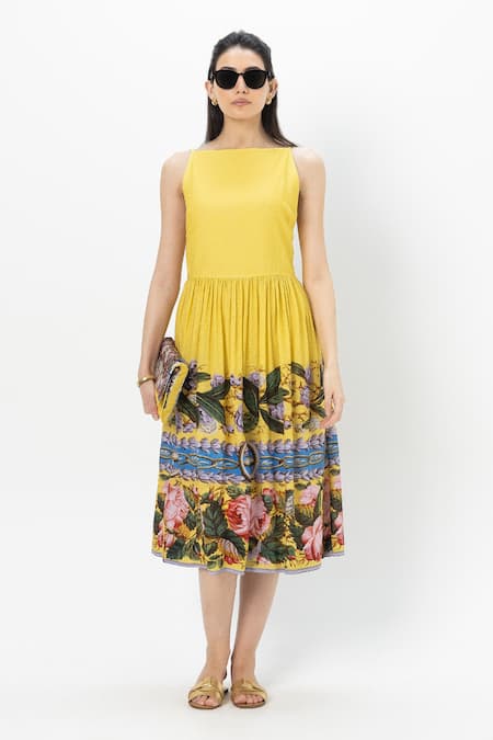 Sobariko Yellow Linen Round Neck Serena Midi Dress 