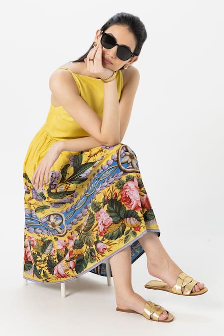 Buy_SOBARIKO_Yellow Linen Round Neck Serena Midi Dress _Online_at_Aza_Fashions