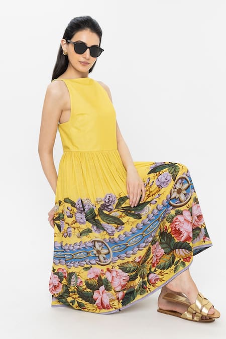 Shop_SOBARIKO_Yellow Linen Round Neck Serena Midi Dress _Online_at_Aza_Fashions