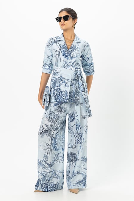 Sobariko Blue Linen Embroidery Biance Floral Print Blazer Set 