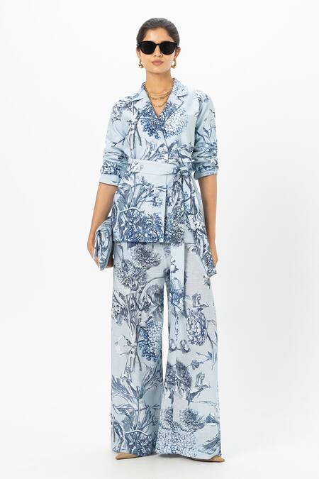 Buy_SOBARIKO_Blue Linen Embroidery Biance Floral Print Blazer Set _Online_at_Aza_Fashions