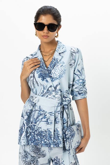Shop_SOBARIKO_Blue Linen Embroidery Biance Floral Print Blazer Set _Online_at_Aza_Fashions