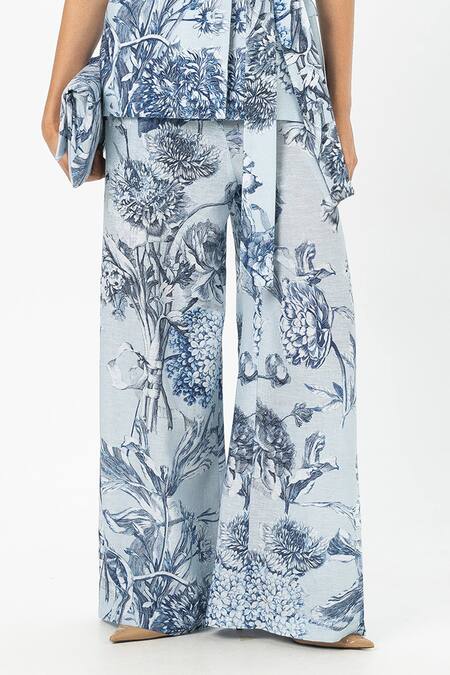 SOBARIKO_Blue Linen Embroidery Biance Floral Print Blazer Set _at_Aza_Fashions