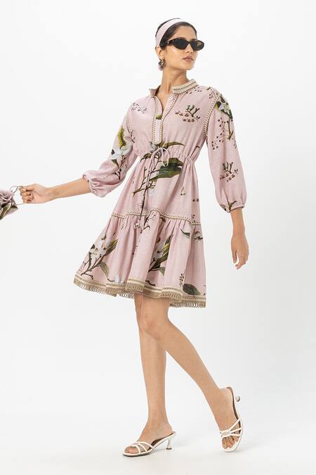 SOBARIKO_Pink Linen Embroidery Collared Jasmine Cinched Dress _Online_at_Aza_Fashions