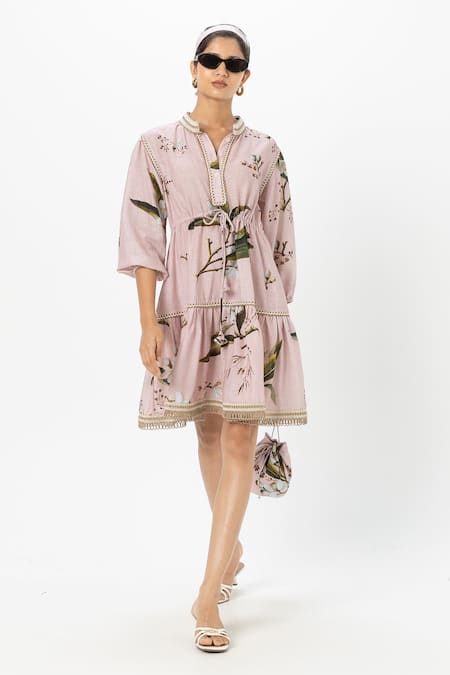 Sobariko Pink Linen Embroidery Collared Jasmine Cinched Dress 