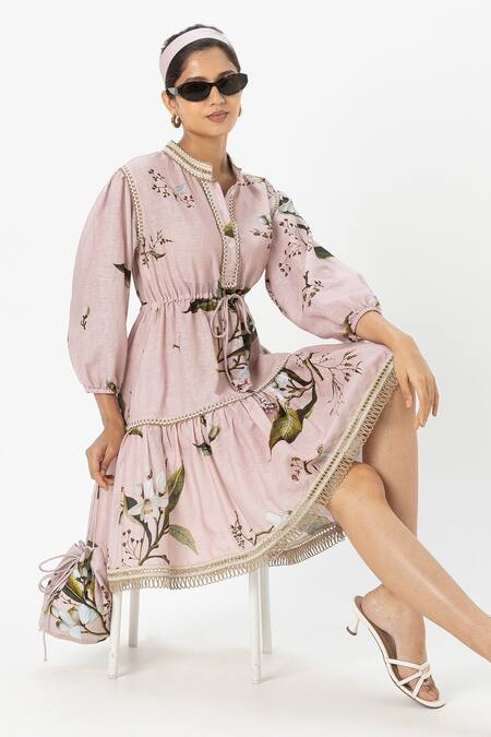 Buy_SOBARIKO_Pink Linen Embroidery Collared Jasmine Cinched Dress _Online_at_Aza_Fashions