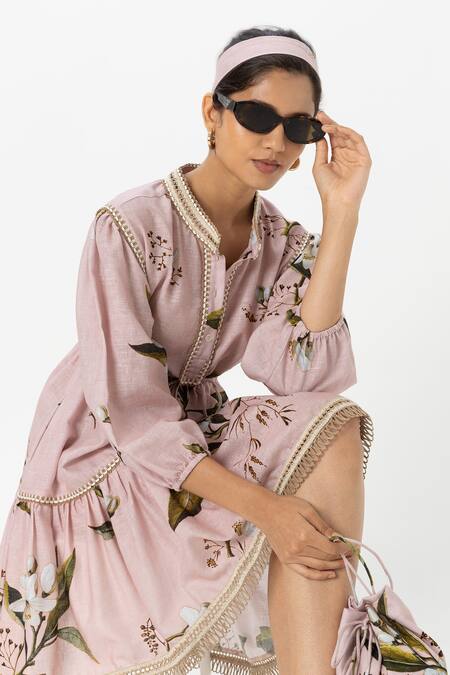Shop_SOBARIKO_Pink Linen Embroidery Collared Jasmine Cinched Dress _Online_at_Aza_Fashions