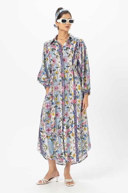 Sobariko Multi Color Linen Collared Chloe Multicolor Midi Dress 