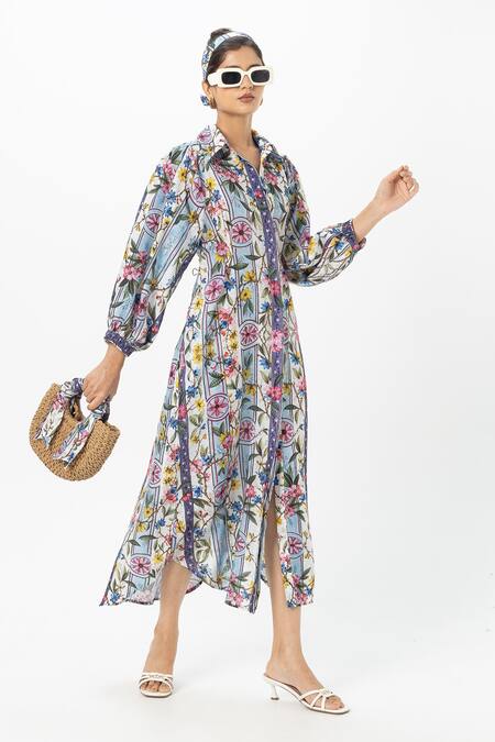 SOBARIKO_Multi Color Linen Collared Chloe Multicolor Midi Dress _Online_at_Aza_Fashions