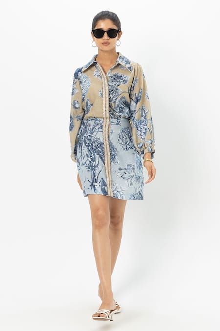 Sobariko Blue Linen Collared Floral Print 2 In 1 Dress 