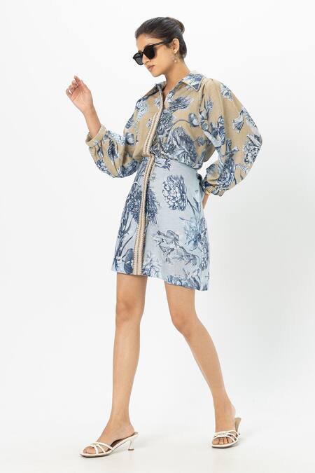 Buy_SOBARIKO_Blue Linen Collared Floral Print 2 In 1 Dress _Online_at_Aza_Fashions