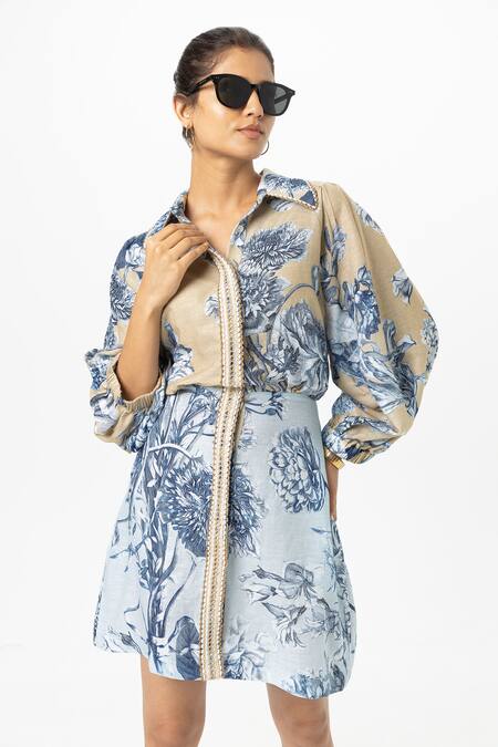 Shop_SOBARIKO_Blue Linen Collared Floral Print 2 In 1 Dress _Online_at_Aza_Fashions
