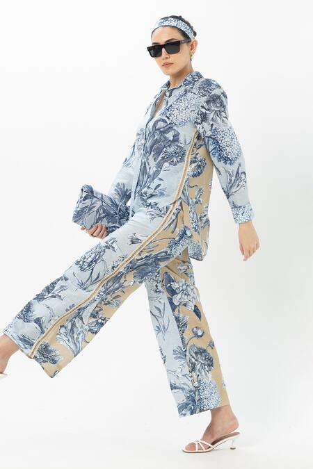 SOBARIKO_Blue Linen, Cotton Collared Floral Print Co-ord Set _Online_at_Aza_Fashions