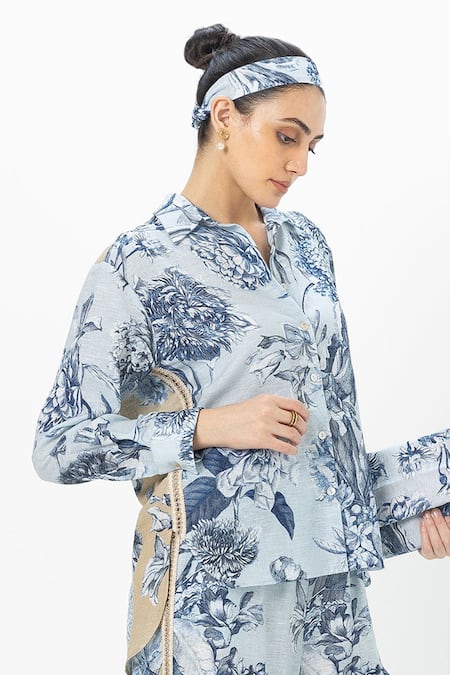Shop_SOBARIKO_Blue Linen, Cotton Collared Floral Print Co-ord Set _Online_at_Aza_Fashions