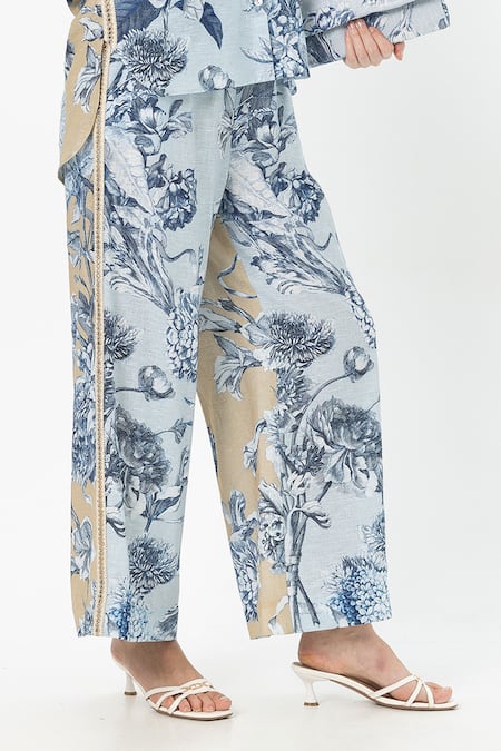 SOBARIKO_Blue Linen, Cotton Collared Floral Print Co-ord Set _at_Aza_Fashions