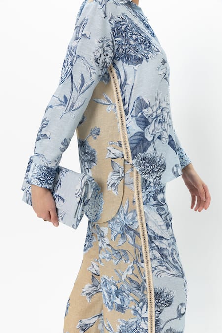 Buy_SOBARIKO_Blue Linen, Cotton Collared Floral Print Co-ord Set 