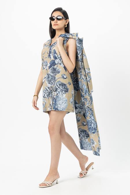 SOBARIKO_Beige Linen V-, Open Floral Print Trench Dress Set _Online_at_Aza_Fashions