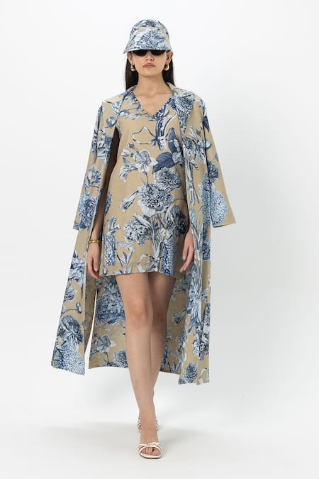 Sobariko Beige Linen V-, Open Floral Print Trench Dress Set 