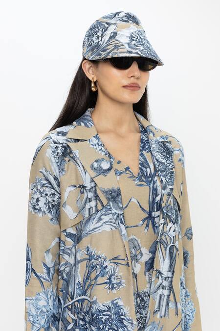 Buy_SOBARIKO_Beige Linen V-, Open Floral Print Trench Dress Set _Online_at_Aza_Fashions