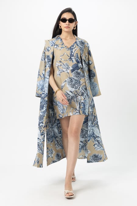 Shop_SOBARIKO_Beige Linen V-, Open Floral Print Trench Dress Set _Online_at_Aza_Fashions