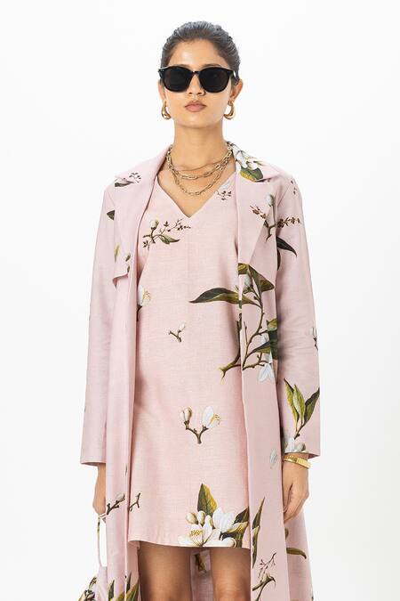 SOBARIKO_Pink Linen Embroidery V-neck, Collared Jasmine Trench Dress Set _Online_at_Aza_Fashions