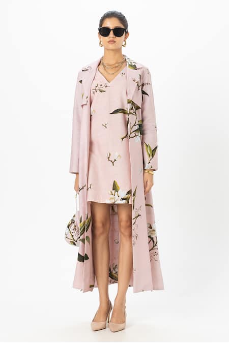 Buy_SOBARIKO_Pink Linen Embroidery V-neck, Collared Jasmine Trench Dress Set _Online_at_Aza_Fashions