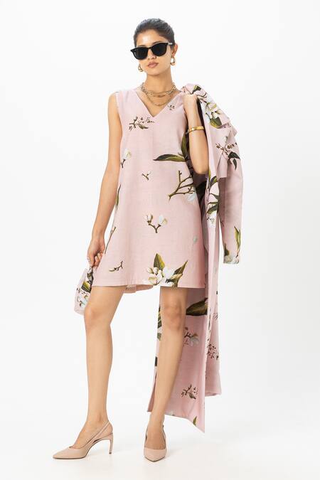 SOBARIKO_Pink Linen Embroidery V-neck, Collared Jasmine Trench Dress Set _at_Aza_Fashions
